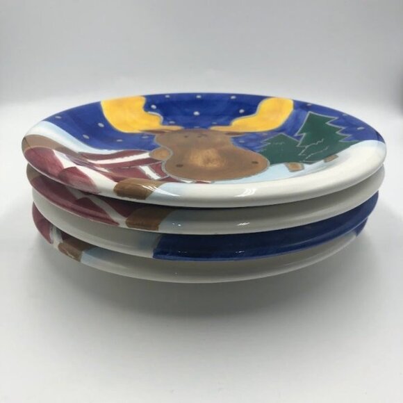 Vintage St. Nicholas Square Ceramic Set of 4 Plates 1999 Reindeer Christmas - Picture 6 of 11